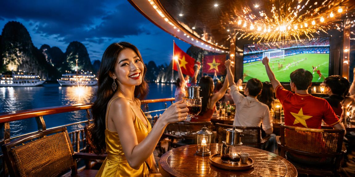 Người dùng đặt cược bóng đá trực tuyến bên vịnh Hạ Long với điện thoại